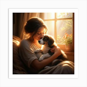 A Newborn Puppy Cuddling In The Arms Of A Content Woman Warm Sunlight Filtering Through A Nearby W (1) Art Print