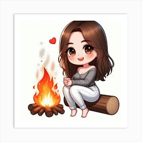 Cute Girl By The Fire Art Print