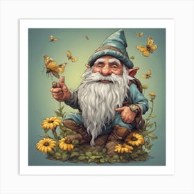 Sunflower Gnome With Bee Funny Hippie Gnome 1 Art Print