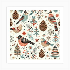 Scandinavian style, pattern with cones and birds 2 Art Print