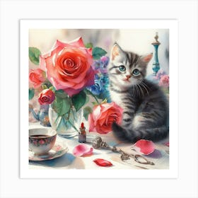 Kitten With Roses Art Print