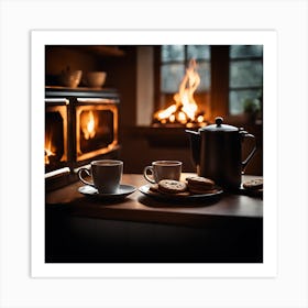 Two Cups Of Coffee In Front Of A Fireplace Art Print