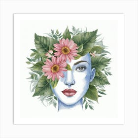 Woman With Flowers On Her Head Art Print