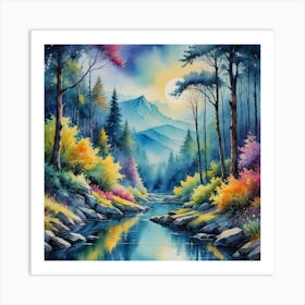 Radiant Landscapes: A Creek Among Peaks River In The Mountains Art Print