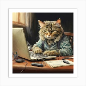 Cat Working On Laptop Art Print