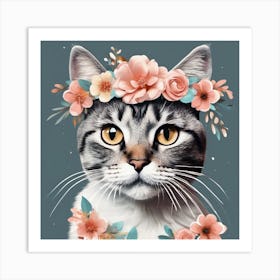 cat with floral crown Art Print