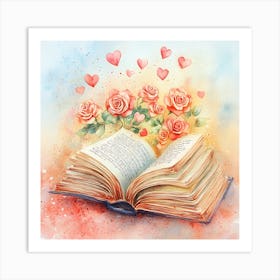 Watercolor Romantic Book Roses Hearts 8 Art Print