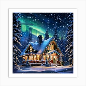 Christmas House Adorned With Twinkling Multicolor Lights And Festive Decorations At The Edge Of A Sn Art Print