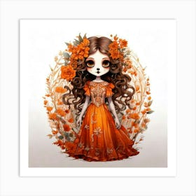 Firefly Character, Girl, Big Eyes, Orange, White, Flowers, Wreath, Curly Hair, Long Dress, Floral, P Art Print