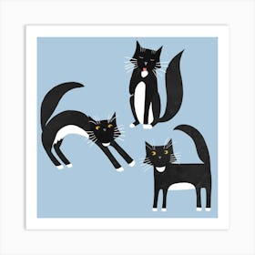 Black And White Tuxedo Cats on Blue Art Print