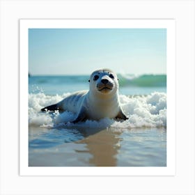 A Playful Baby Seal Playing In The Surf 2 Art Print