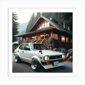 A 1981 White Toyota Corolla Gli Twin Cam With Full Body Kit In Front Of A Cabin House 5 Póster