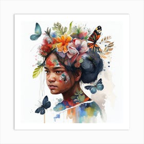 Watercolor Floral Indonesian Native Woman #2 Art Print