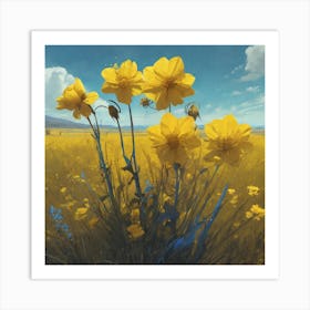 Yellow Flowers In Field With Blue Sky Professional Ominous Concept Art By Artgerm And Greg Rutkows (7) Art Print