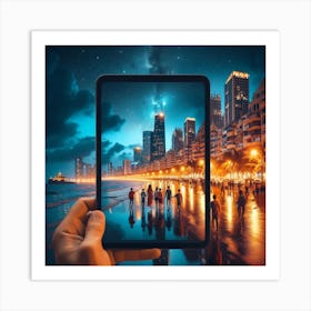 Hand Holding A Tablet showing couple At Night time Art Print