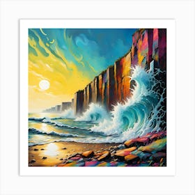 Waves Crashing Against The Cliffs Under A Sunlit Sky Art Print