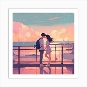 Couple Kissing At Sunset Art Print