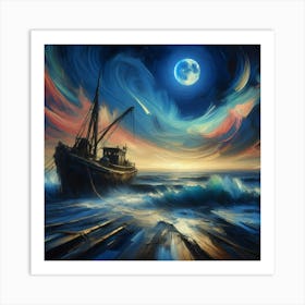 Capturing Maritime Mystique: Greg Rutkowski's Forgotten Fishing Boat - Moonlit Sky, Bold Strokes, and Intricate Details | Trending on ArtStation! Art Print