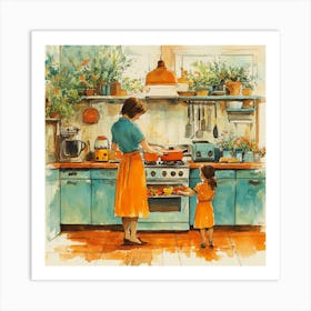 Mother And Daughter In The Kitchen Art Print