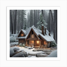 Small wooden hut inside a dense forest of pine trees with falling snow 9 Art Print