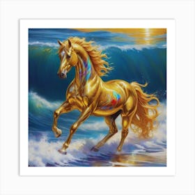 Golden Horse On The Beach 1 Art Print