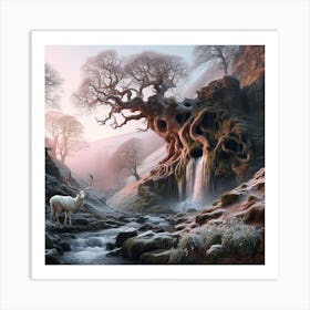 Deer And Waterfall Art Print