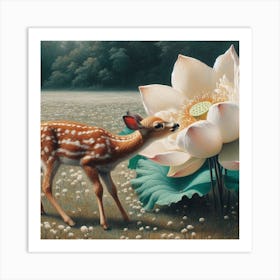 Baby deer and a huge flower1   Art Print