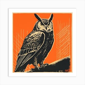 Retro Bird Lithograph Great Horned Owl 1 Art Print