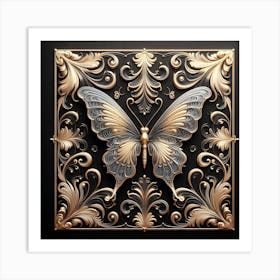 Black & Gold Decorative Panel with Butterfly Art Print