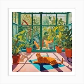 David Hockney Style. Cats in Sunlit Conservatory Series 1 Art Print