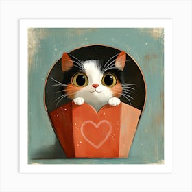 Cute Cat Peeking from Heart Gift Box 9 Art Print