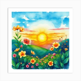 Watercolor Of Flowers In The Countryside Art Print