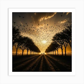 Thousands of Birds Flying Across the Golden Horizon, Their Shadows Stretching to the Ground Below Art Print