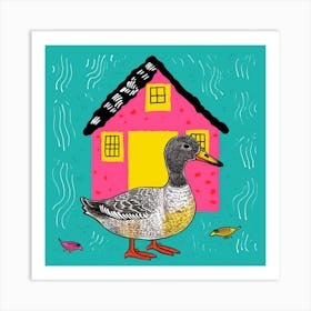 Duckling Outside A House Linocut Style 4 Art Print