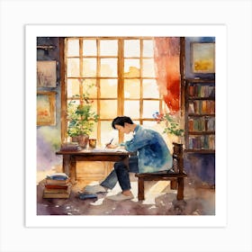 Watercolor Of A Boy Writing Art Print