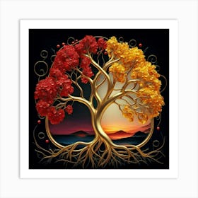 Template: Half red and half black, solid color gradient tree with golden leaves and twisted and intertwined branches 3D oil painting 7 Art Print