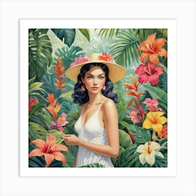 Woman In Tropical Flower Garden Art Print 1 Art Print