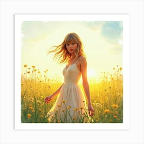 Watercolor Image Of Taylor Swift In A Sunlit Meadow, Flowers Softly Glowing Art Print