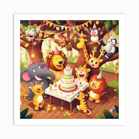 Birthday Party In The Jungle - A group of jungle animals are having a party in a treehouse. The animals are all different shapes and sizes, and they are all wearing funny hats and costumes. The treehouse is decorated with balloons and streamers, and there is a big cake in the middle of the table. The animals are all laughing and having a good time. Art Print
