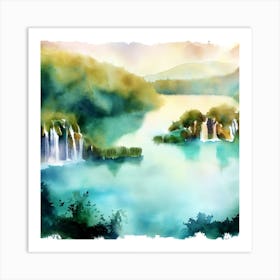 Watercolor Of Plitvice Lakes, Waterfalls Art Print