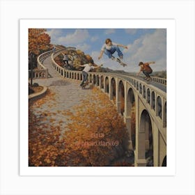 Skateboarders On A Bridge Art Print