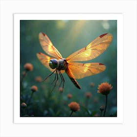 A Whimsical Dragonfly With Wings Of Glowing, Fractal Colors Fluttering Through A Dreamlike Meadow 1 Art Print