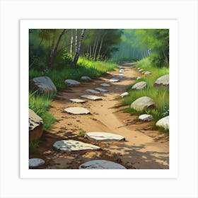 Path In The Woods.A dirt footpath in the forest. Spring season. Wild grasses on both ends of the path. Scattered rocks. Oil colors.6 Art Print