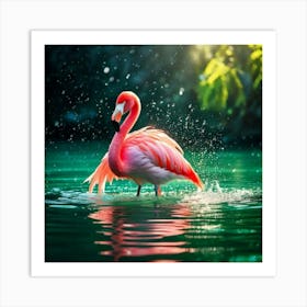 Firefly Green, Soft, Plush, Flamingo, Swimming, Transparent, Glass Lake, Sunlight, Snow, Falling, Re (1) Art Print