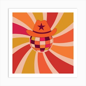 Groovy Disco Cowboy Hat on Colorful Sunburst Art Print