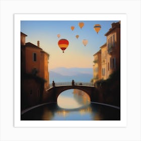 Hot Air Balloons Over A Bridge Art Print