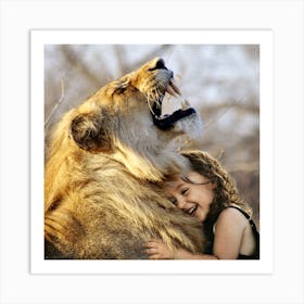 Little Girl Hugging A Lion Art Print