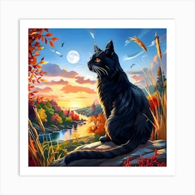 Black Cat Moonrise Art Print