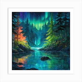 Enchanting Northern Lights Over Serene Forest Lake at Twilight Art Print