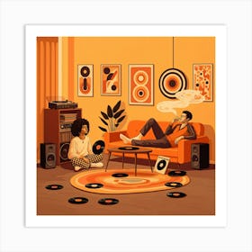 A man and woman relax on an orange couch, enjoying music from a vintage record player in a cozy setting. Art Print